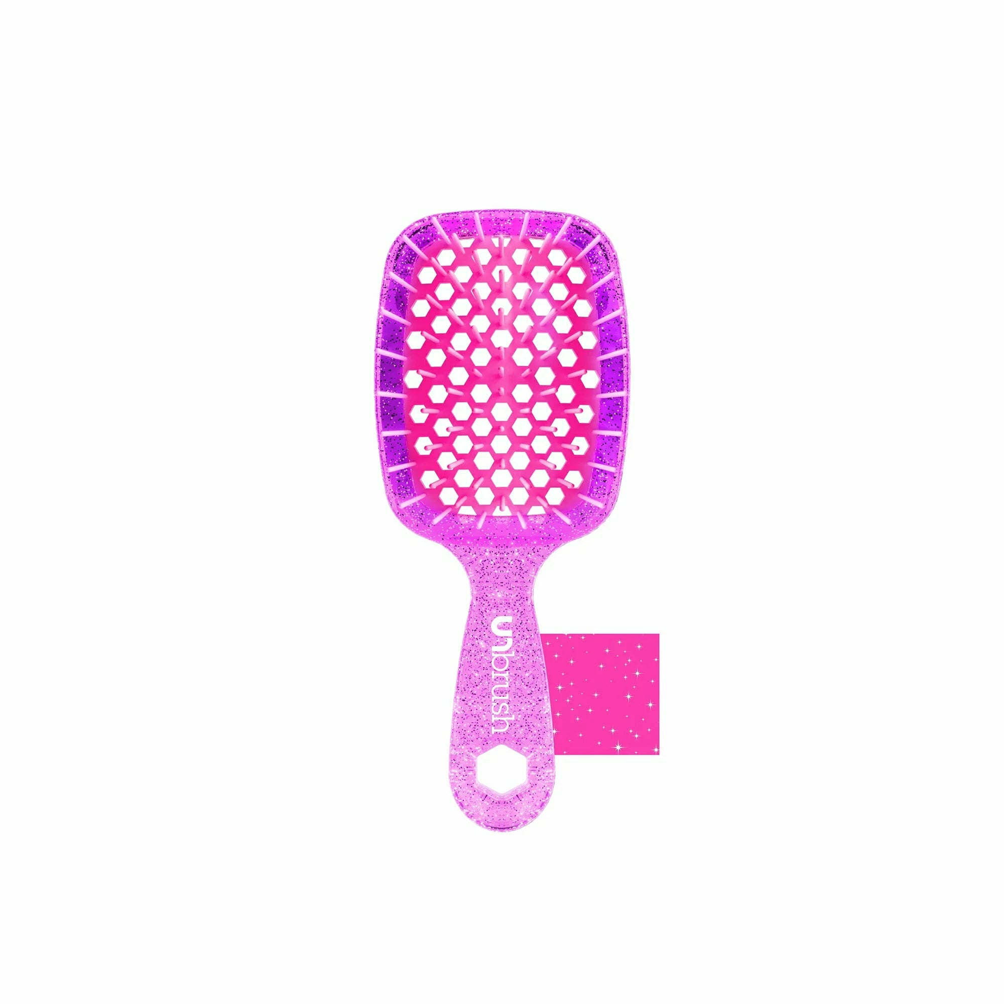 Unbrush glitter hair brush in pink with hexagonal vented design for easy detangling