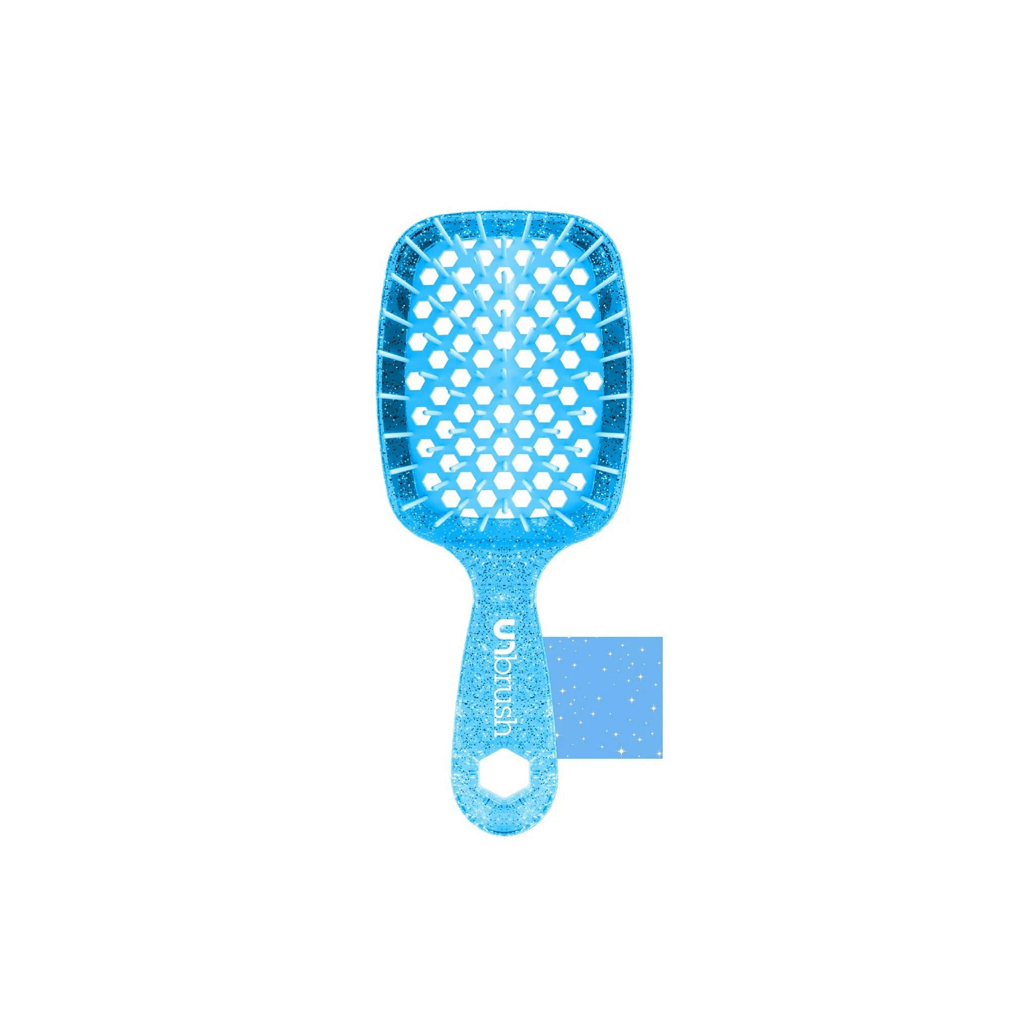 Unbrush glitter hair brush in blue with a vented, flexible design for gentle detangling