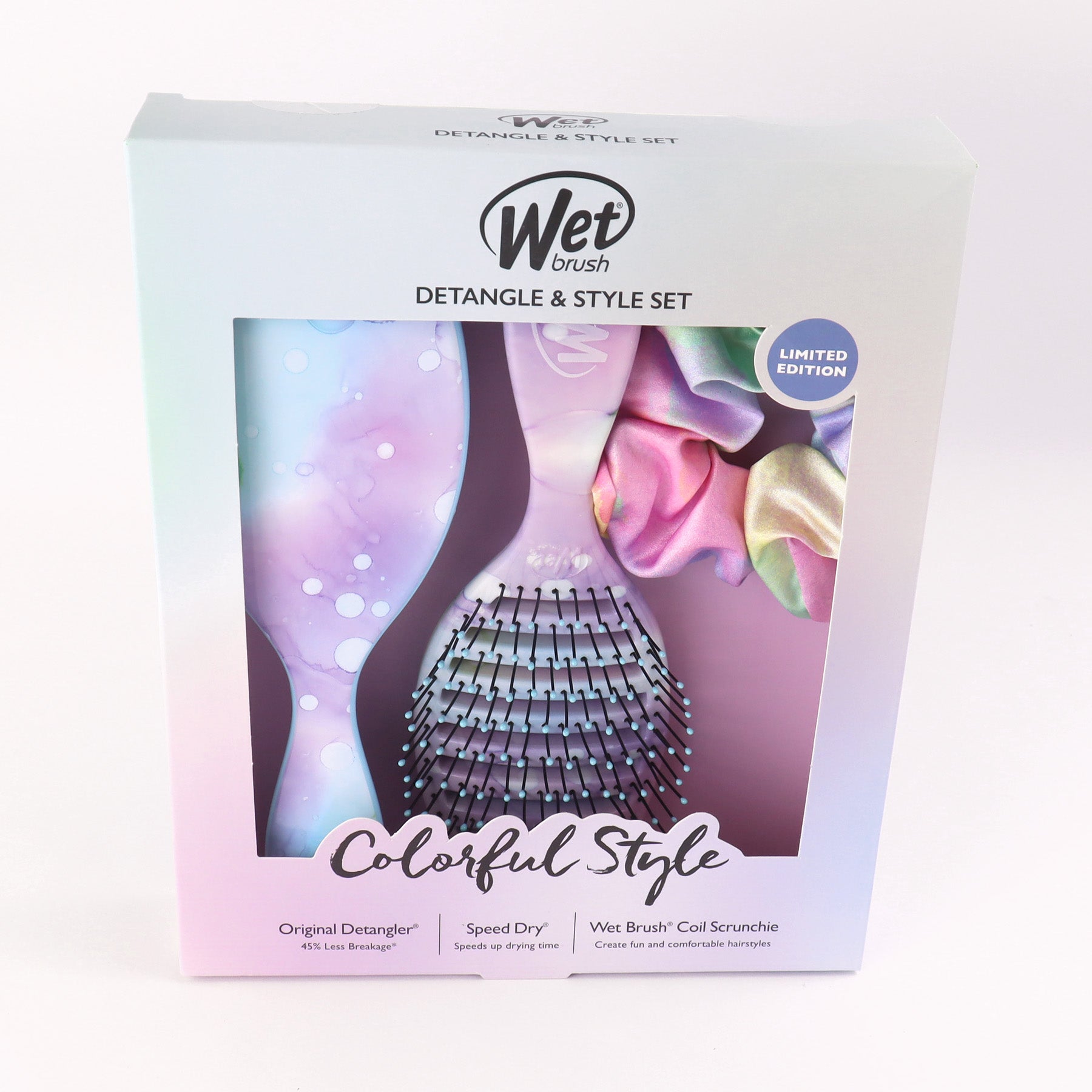Wet Brush colorwash speed dry set with pastel purple detangler brush and colorful coil scrunchie in limited edition box