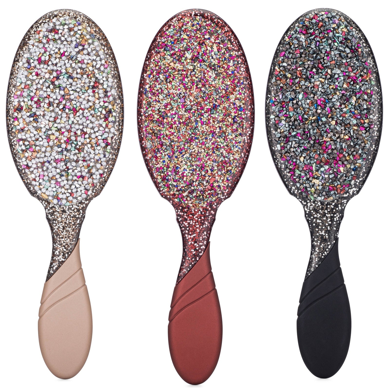 Set of three Wet Brush Crushed Jewels Detangler brushes in neutral, rose, and black handles with sparkling jewel designs