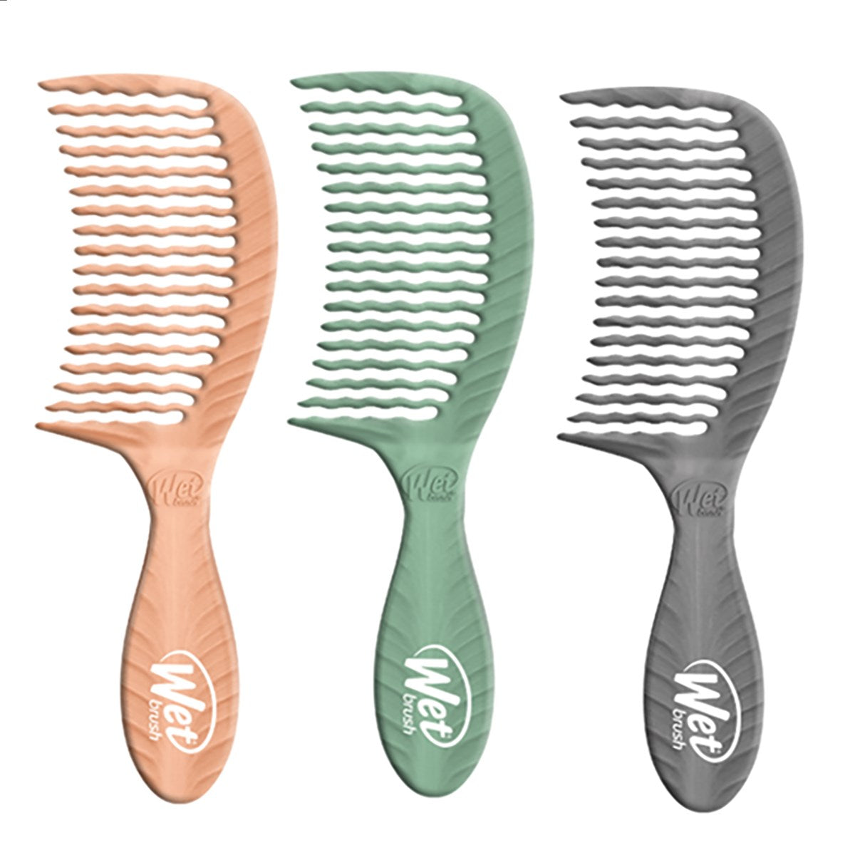 Wet Brush Eco-Friendly Comb in peach green and gray colors with wide flexible teeth for gentle detangling