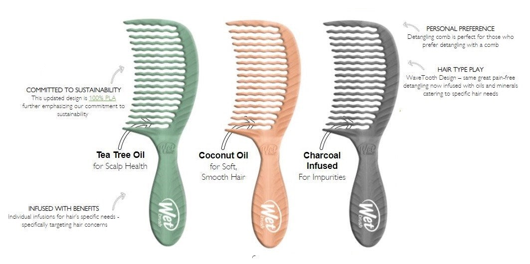 Wet Brush Eco-Friendly Comb set in Tea Tree Oil, Coconut Oil, and Charcoal Infused for scalp health and smooth hair