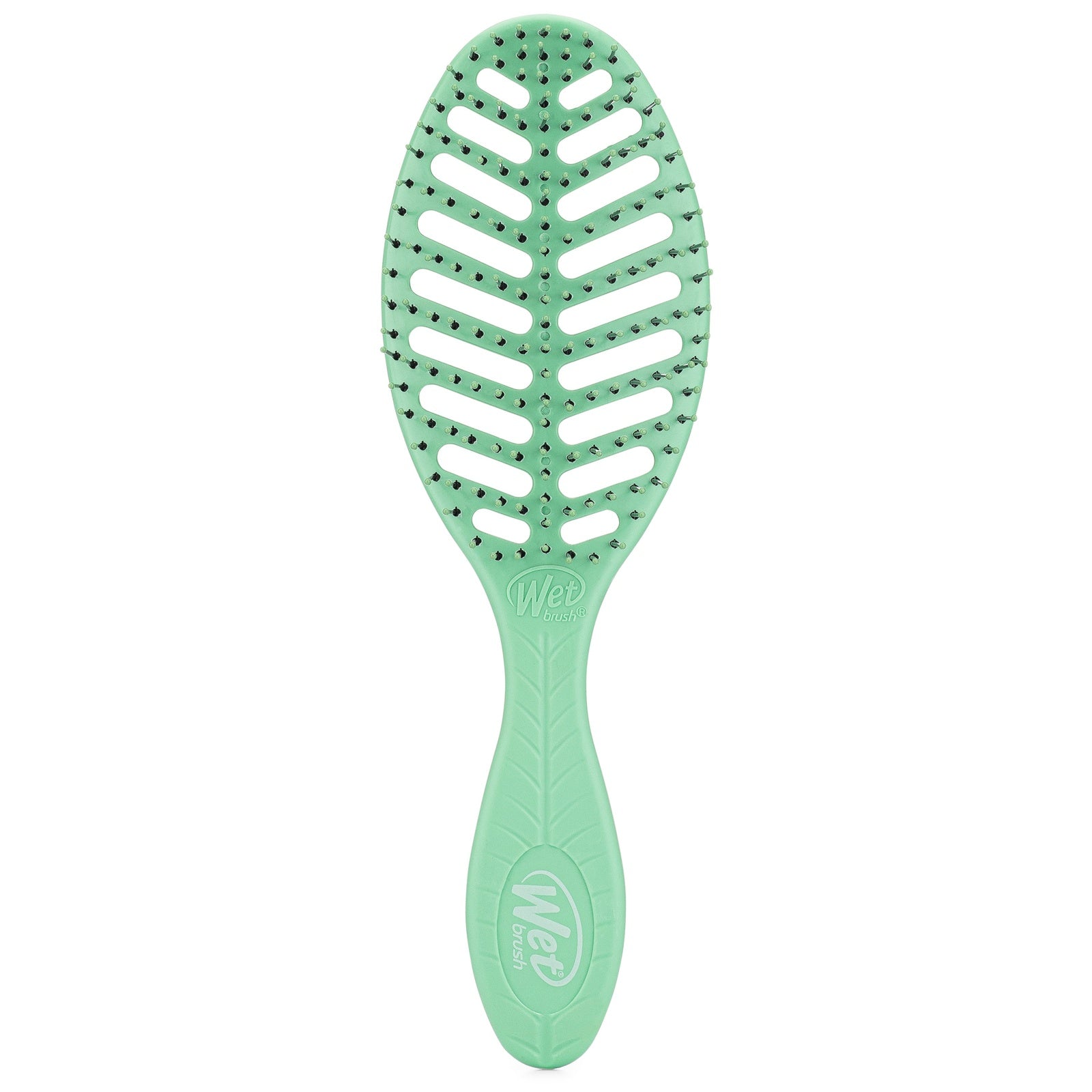 Wet Brush eco-friendly detangler in mint green with flexible bristles and leaf-inspired design