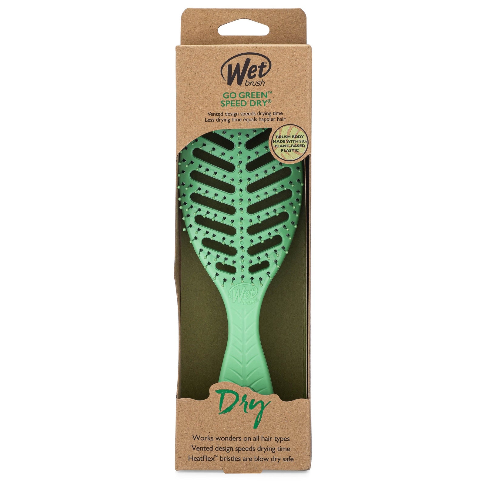 Wet Brush eco-friendly detangler green vented hairbrush with heat safe bristles in eco packaging