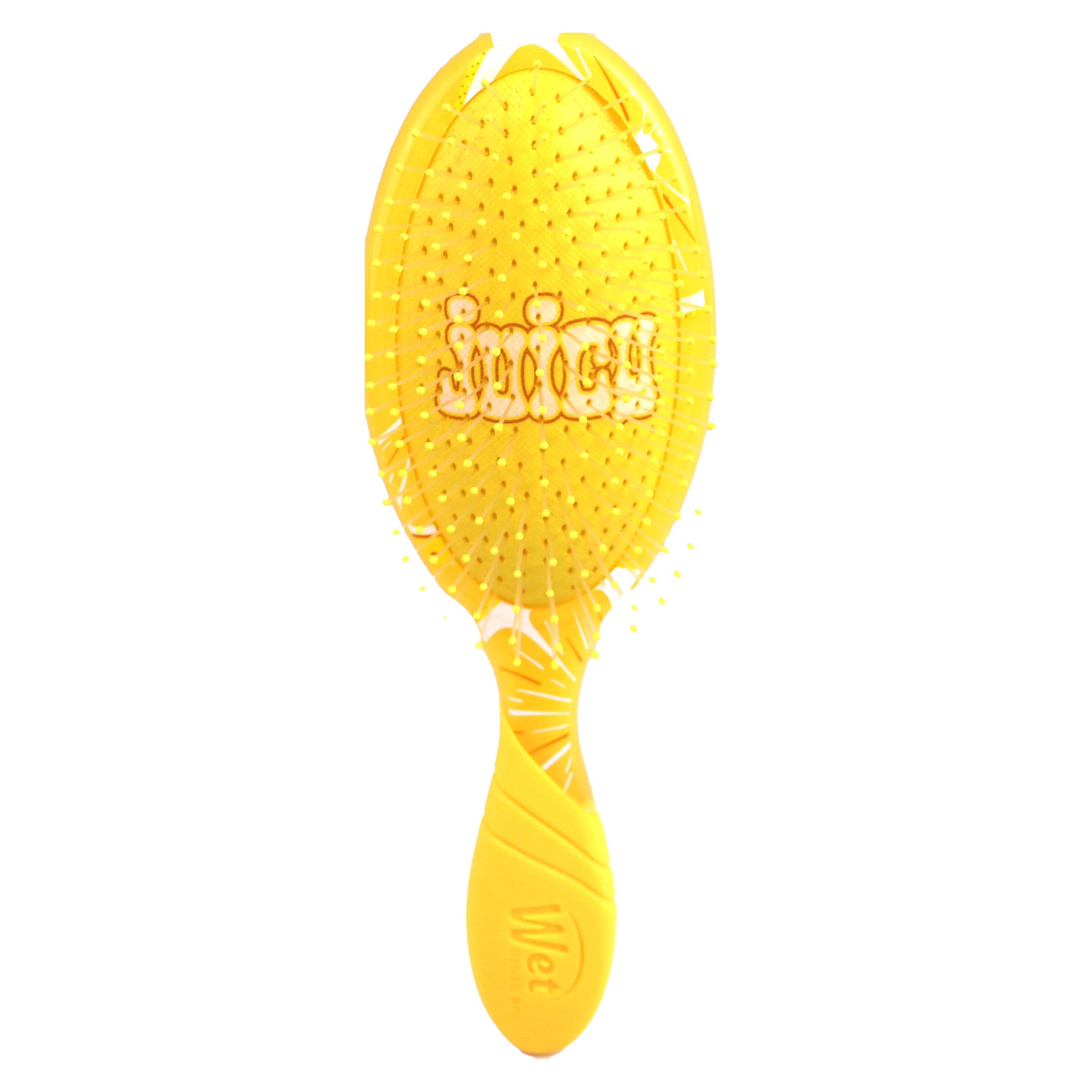Yellow tutti frutti hair brush for kids by Wet Brush with flexible bristles and ergonomic handle