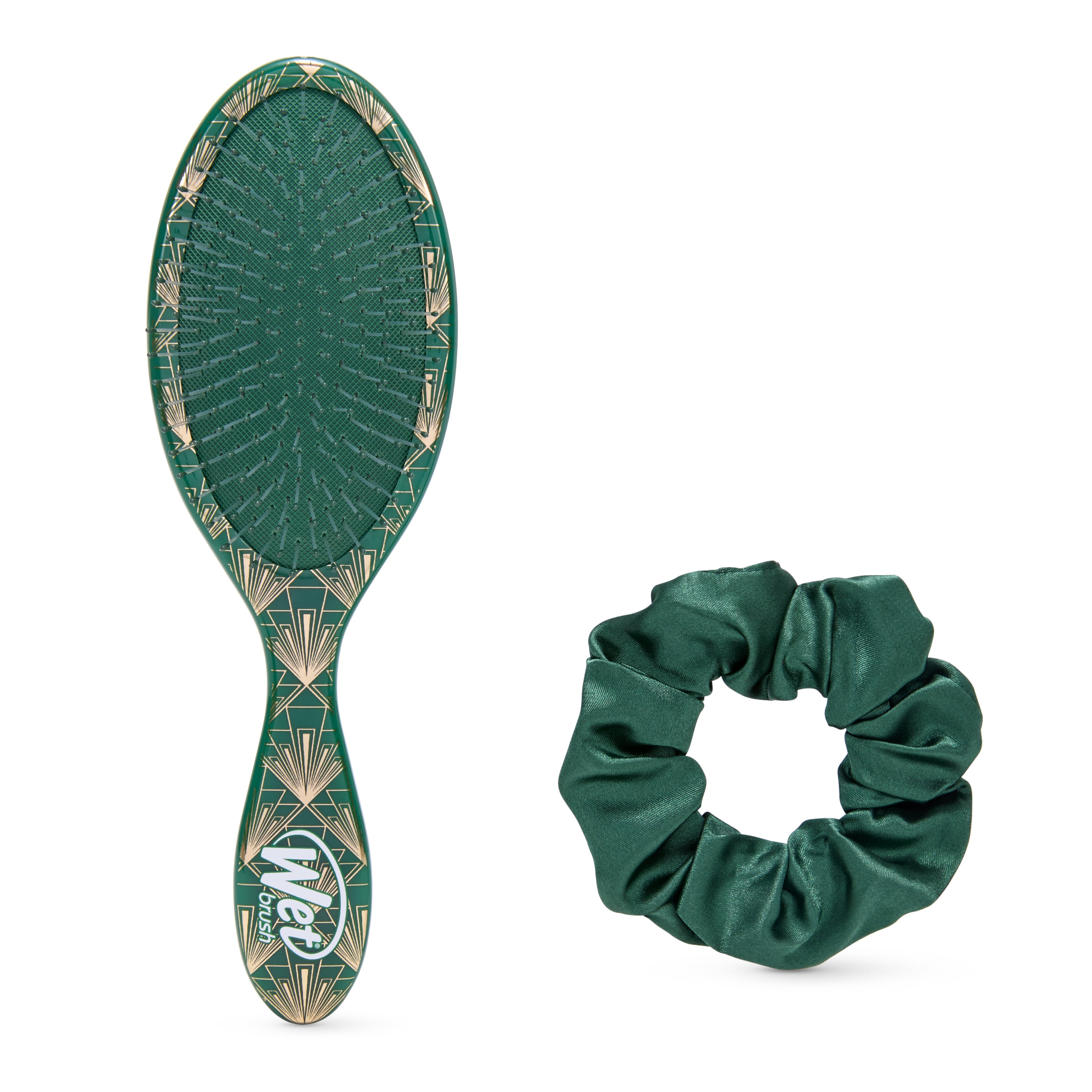 Wet Brush Wicked detangling brush in green with gold art deco design and matching green hair scrunchie