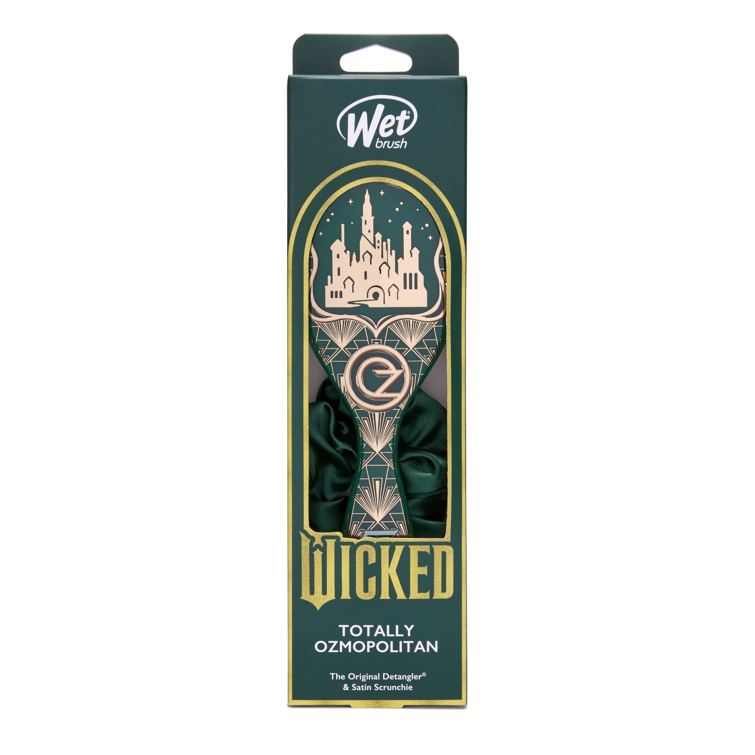 Wet Brush Wicked detangling brush with Ozmopolitan design and satin scrunchie in green packaging