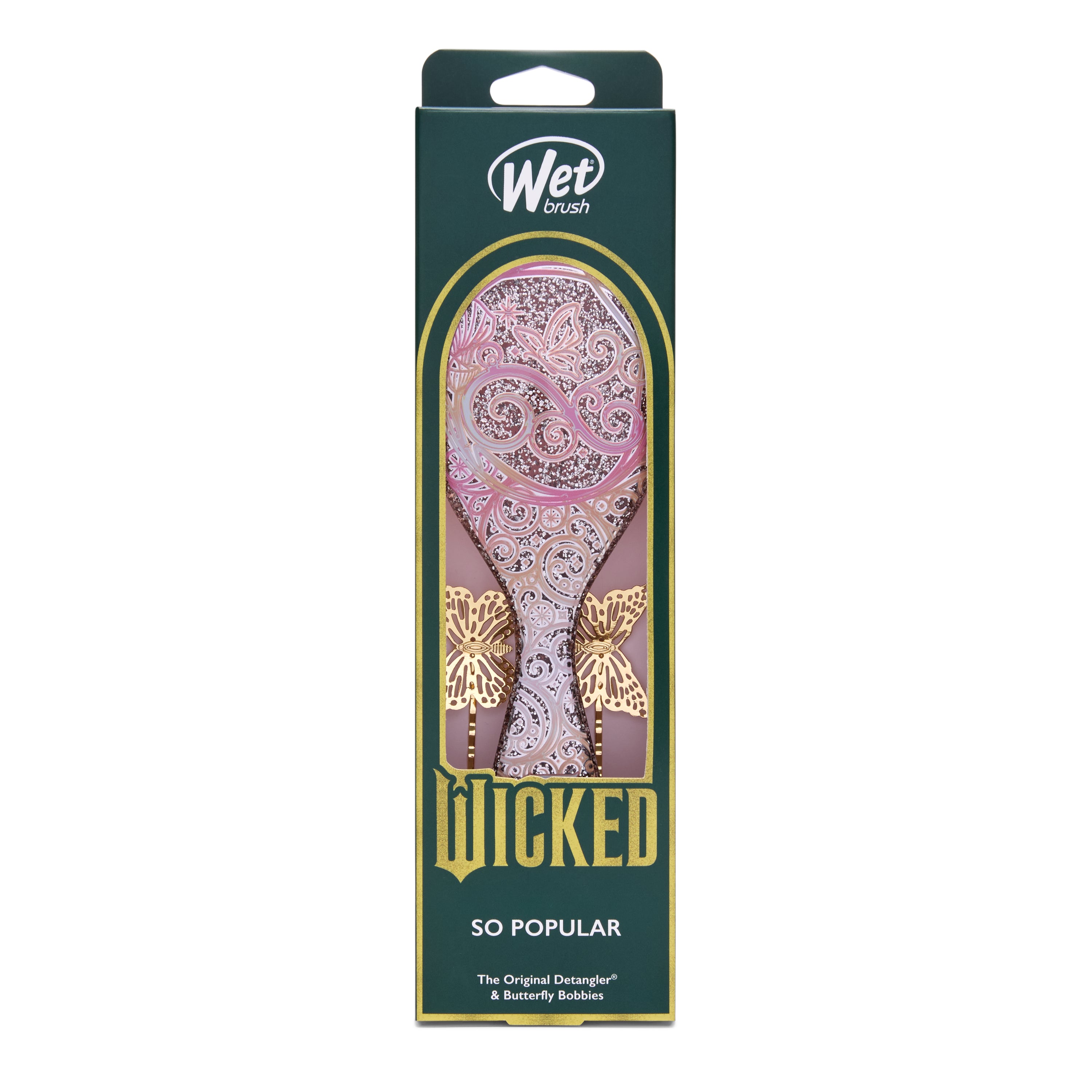 Wet Brush Wicked detangling brush with pink paisley design and butterfly bobbles in green packaging