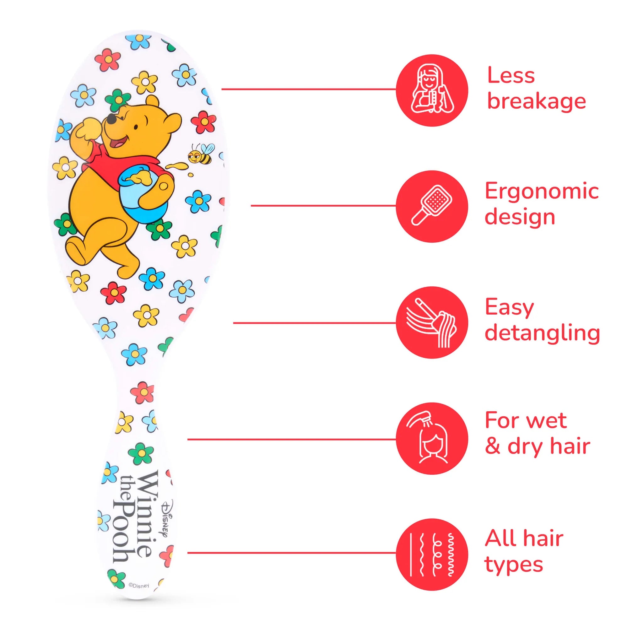 Winnie the Pooh hair detangler brush featuring ergonomic design for easy detangling and less breakage