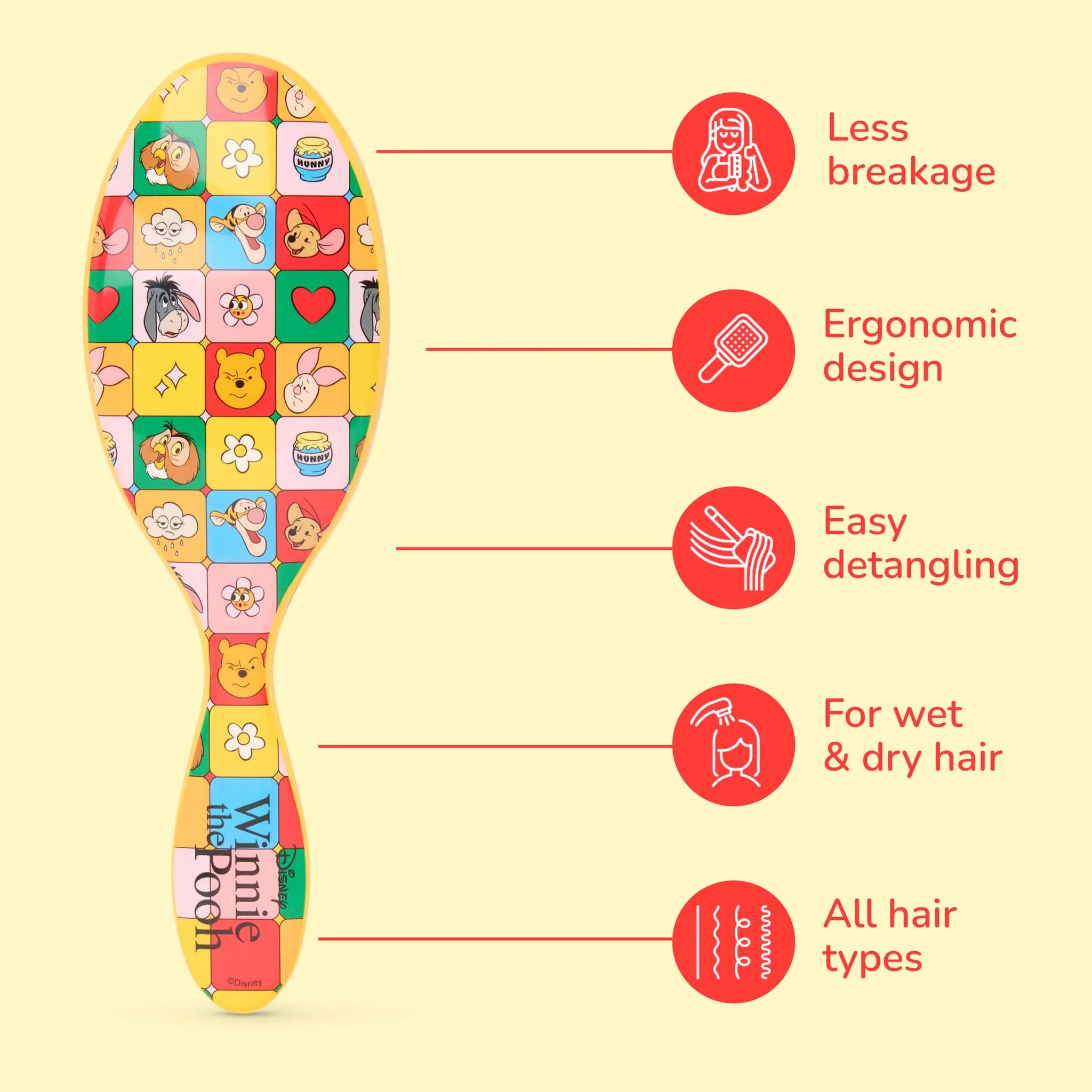 Winnie the Pooh hair detangler brush with ergonomic design for easy detangling on all hair types