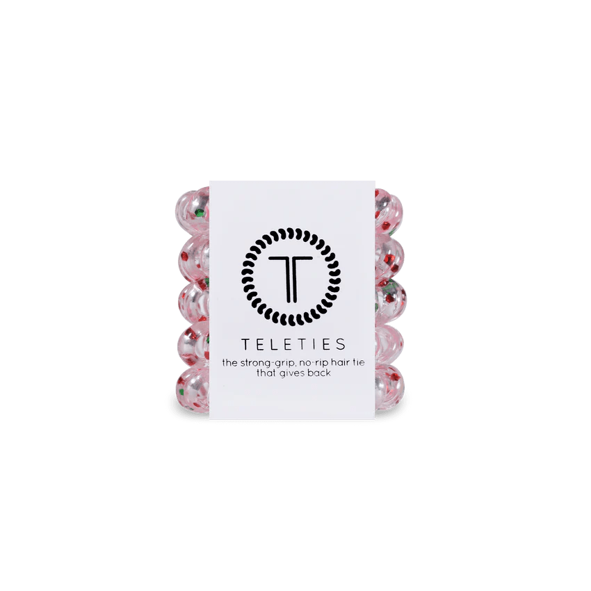 Teleties tiny hair ties in a pink design with a strong grip, no rip hair tie that gives back