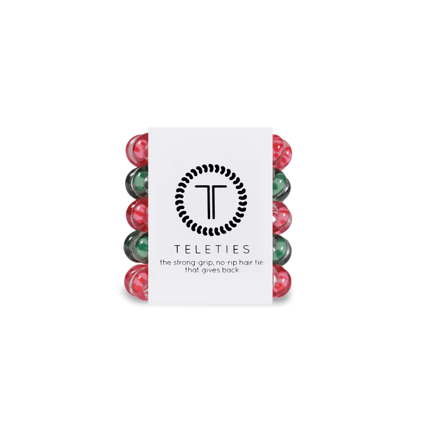 Teleties tiny hair ties in red and green colors packaged neatly for easy storage and stylish hair solutions