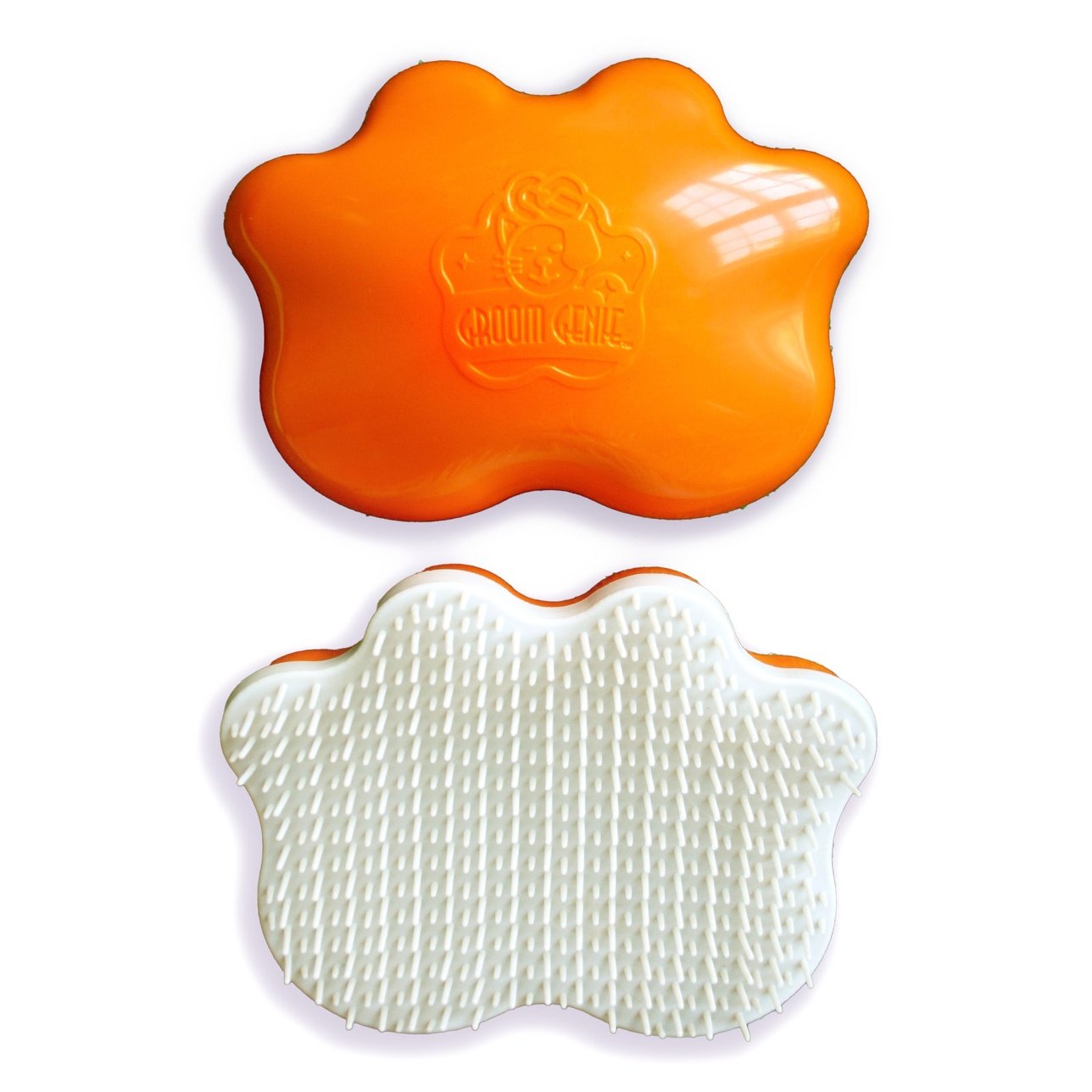 Knot Genie orange pet detangling brush with white flexible bristles for grooming pets