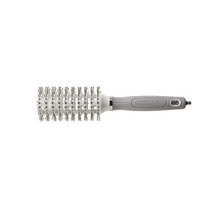 Olivia Garden ceramic ion round hair styling brush with white bristles and gray handle