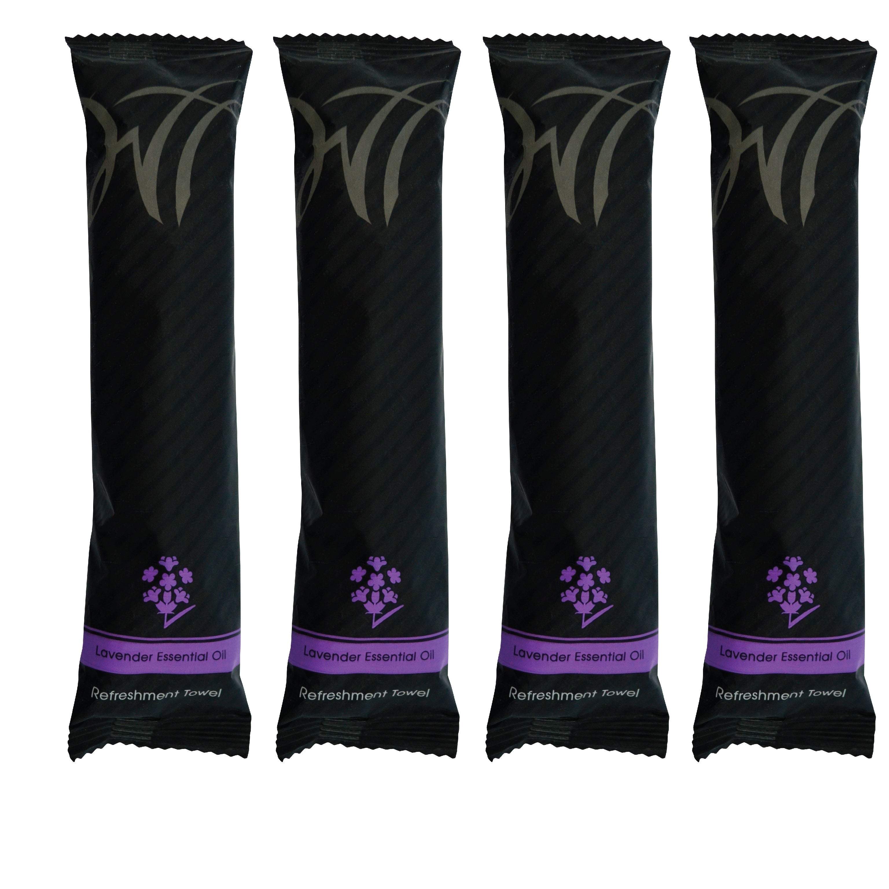 Lavender scented cotton refreshment towels in black packaging for a soothing experience