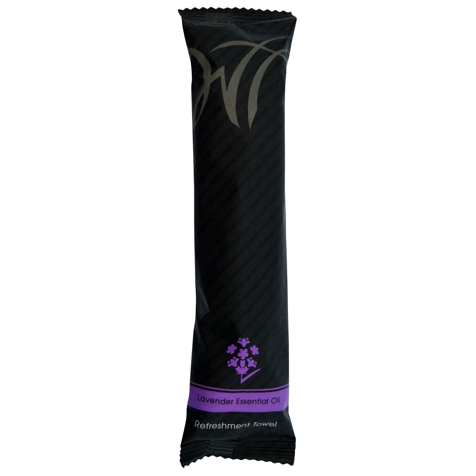 Lavender scented cotton refreshment towels wrapped in black packaging for a soothing experience