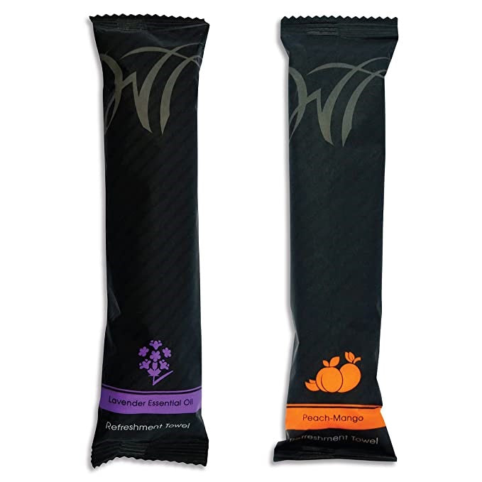 Lavender and Peach-Mango cotton refreshment towels in individual packaging for a refreshing experience