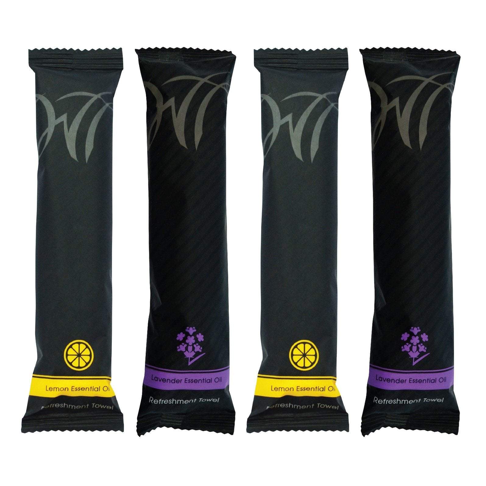 Lavender and lemon essential oil cotton refreshment towels in individual packaging for guest comfort