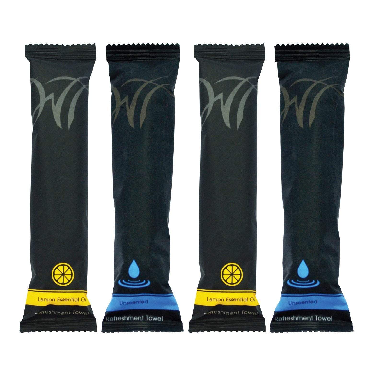 White Towel Services Cotton Refreshment Towels in Black Packaging with Lemon Essential Oil