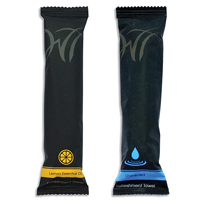 Two White Towel Services cotton refreshment towels, one lemon scented and one unscented, in sleek black packaging