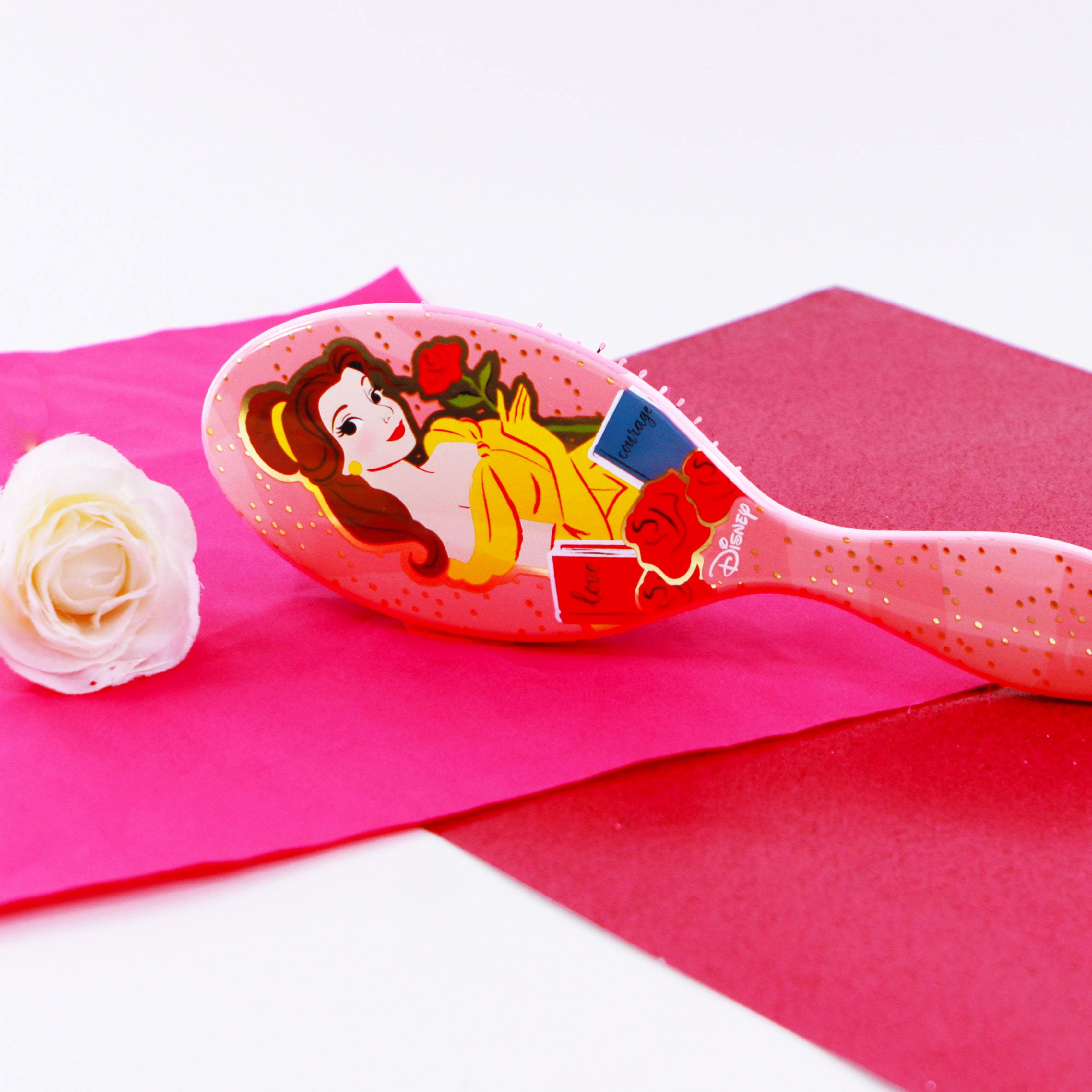 Disney Princess hairbrush featuring Belle with a rose and sparkling details for effortless styling