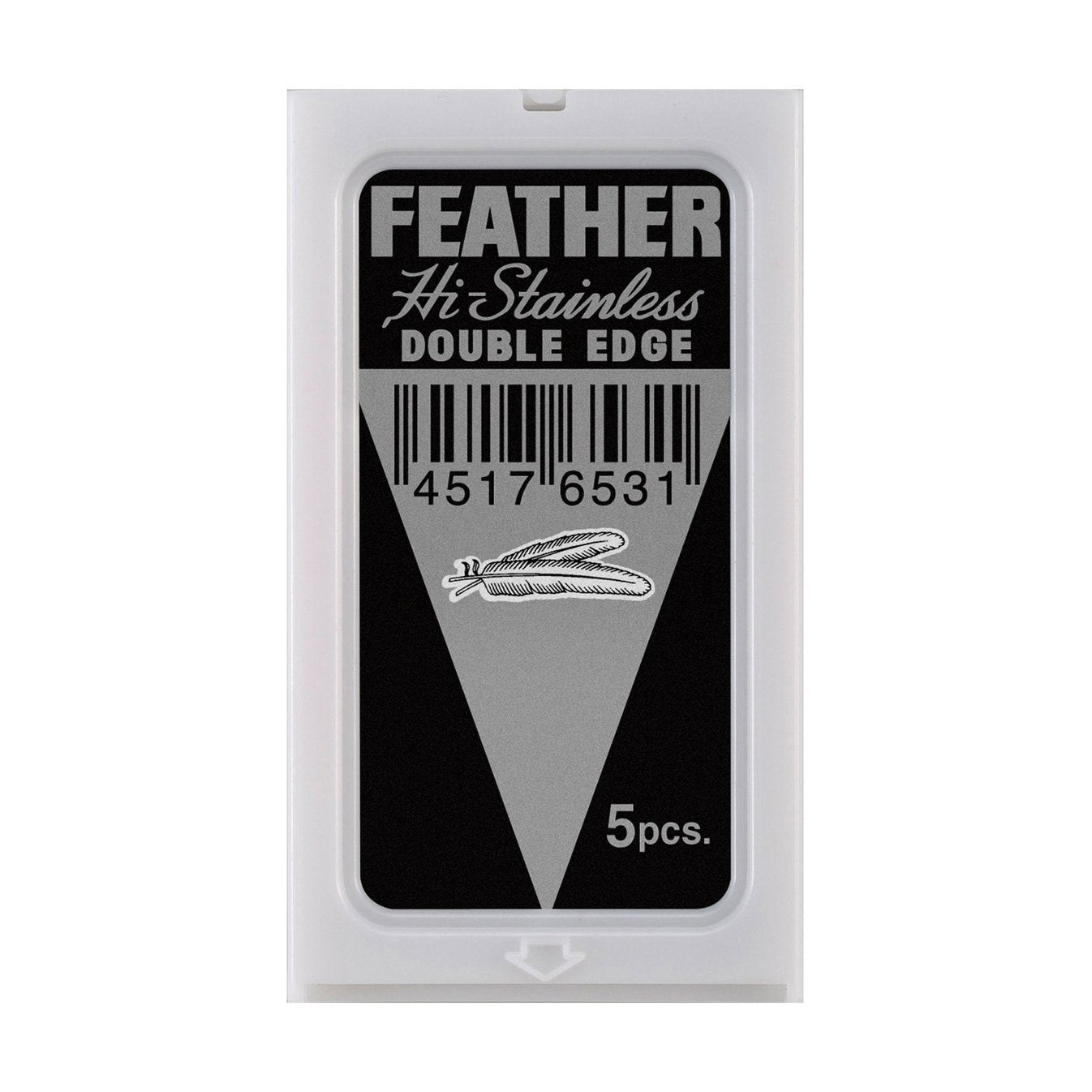 Feather double edge razor blades in a sealed pack of five for smooth shaving performance