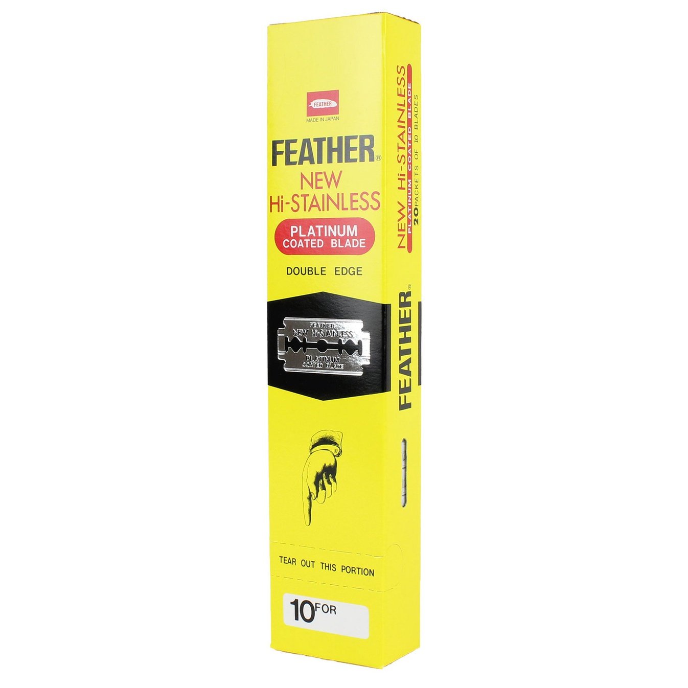Feather double edge razor blades in a yellow box featuring platinum coated blades for a close shave