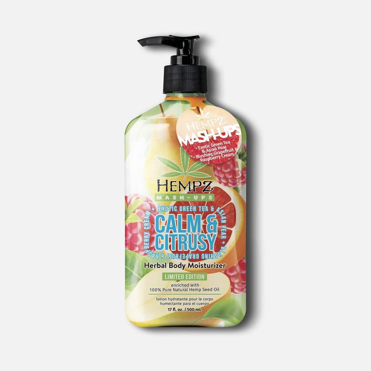 Hempz body moisturizer in a colorful bottle with herbal ingredients for soothing skin hydration