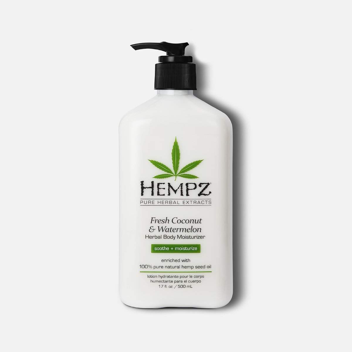 Hempz body moisturizer with fresh coconut and watermelon scent in a pump bottle for hydration