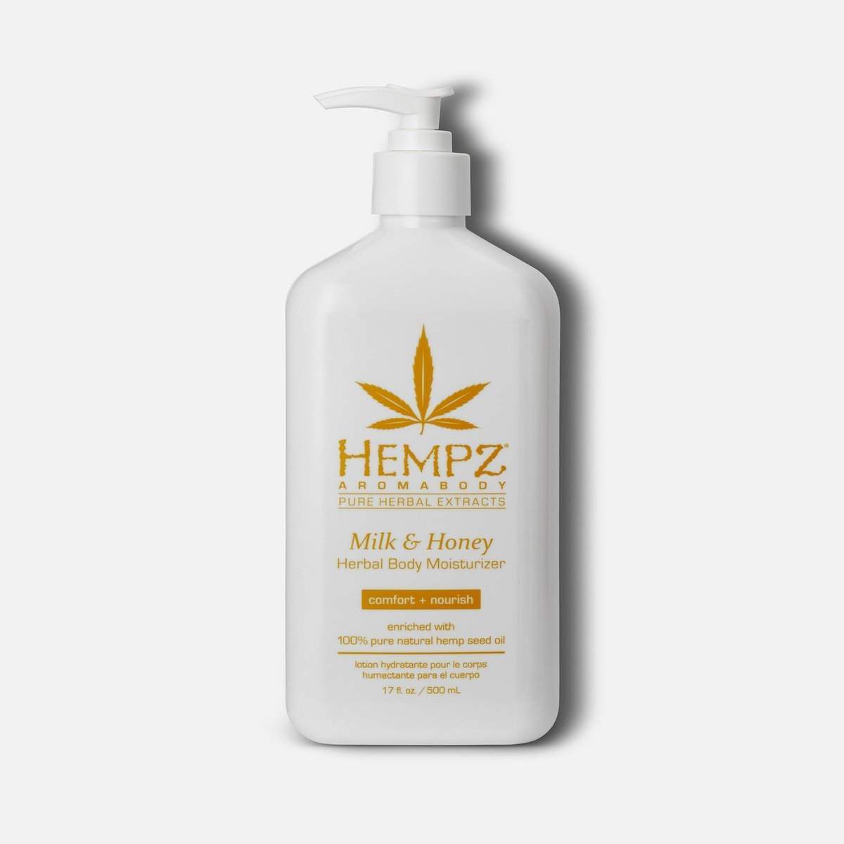 Hempz body moisturizer in Milk and Honey scent, 17.7 fl oz size with pump for easy application