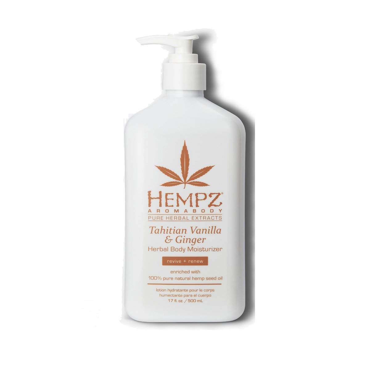 Hempz body moisturizer in Tahitian Vanilla and Ginger scent, 17.2 oz pump bottle for hydration and rejuvenation