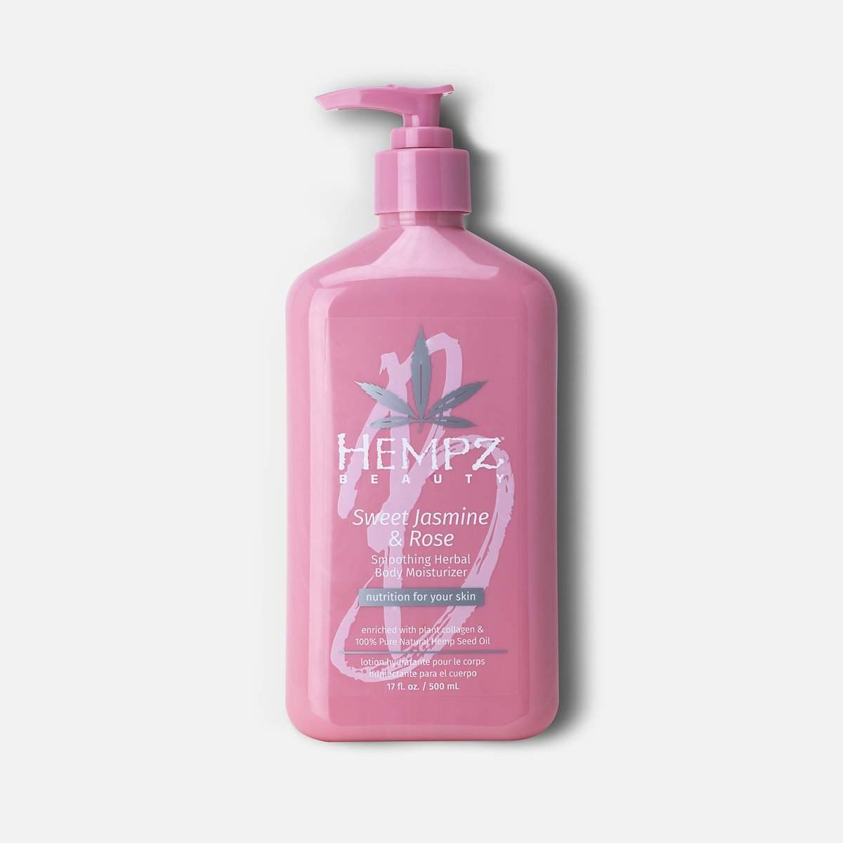 Hempz body moisturizer in pink bottle with pump for nourishing skin with jasmine and rose scent