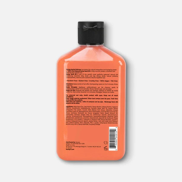 Hempz conditioner for damaged hair in a vibrant orange bottle with detailed product information on the back