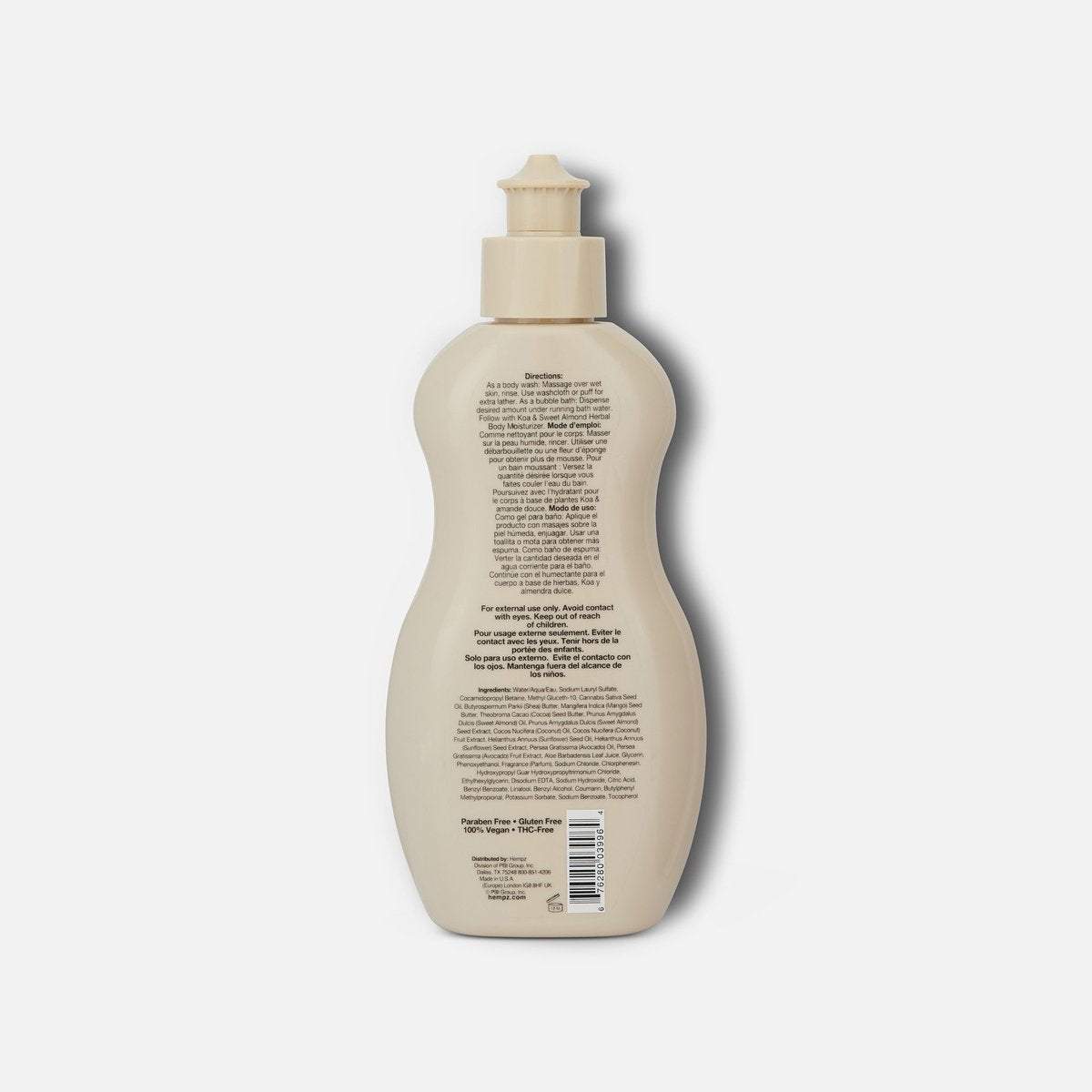 Hempz herbal body wash bottle back view with ingredient list and unique curvy design