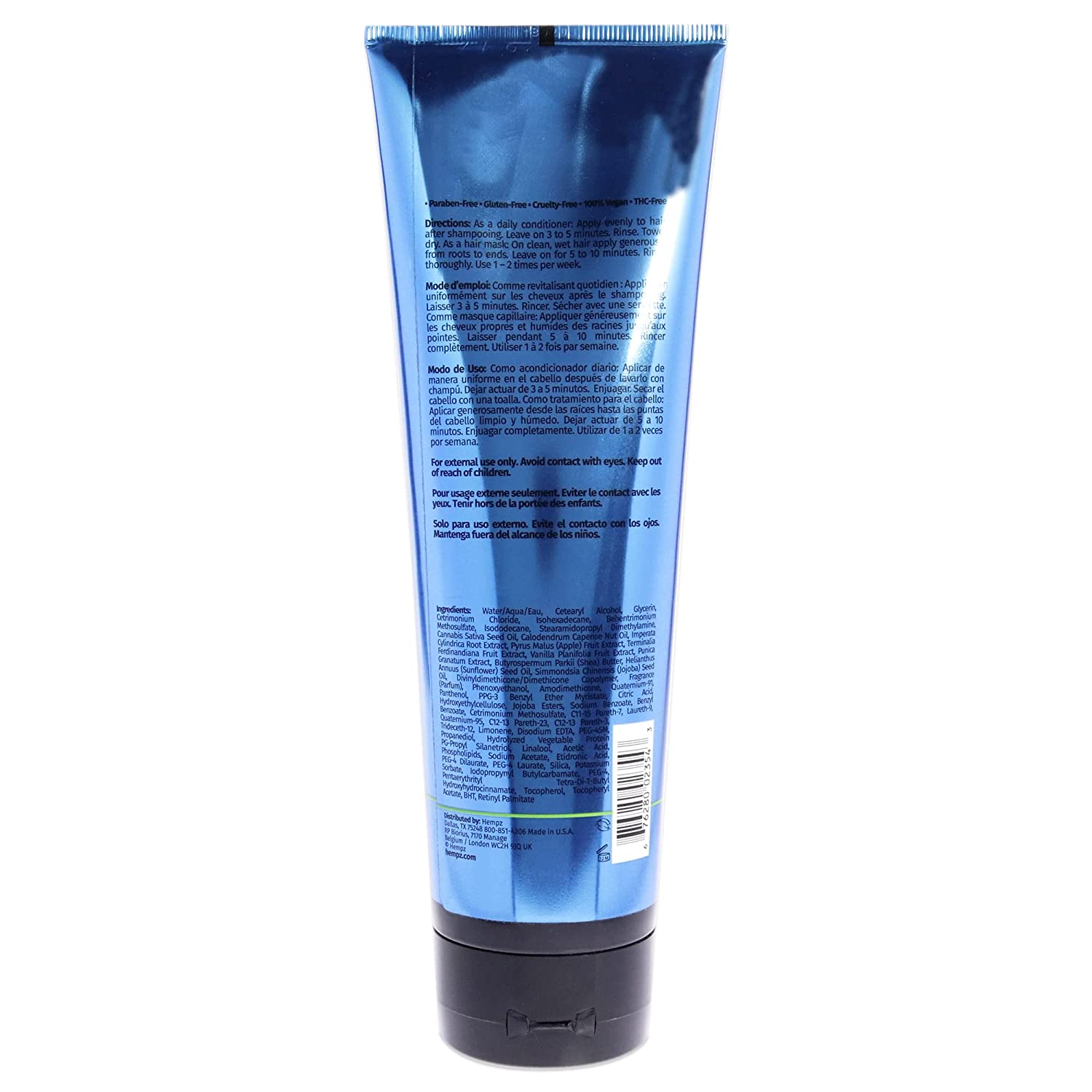 Hempz herbal hair conditioner in a blue tube designed for moisturizing and strengthening hair