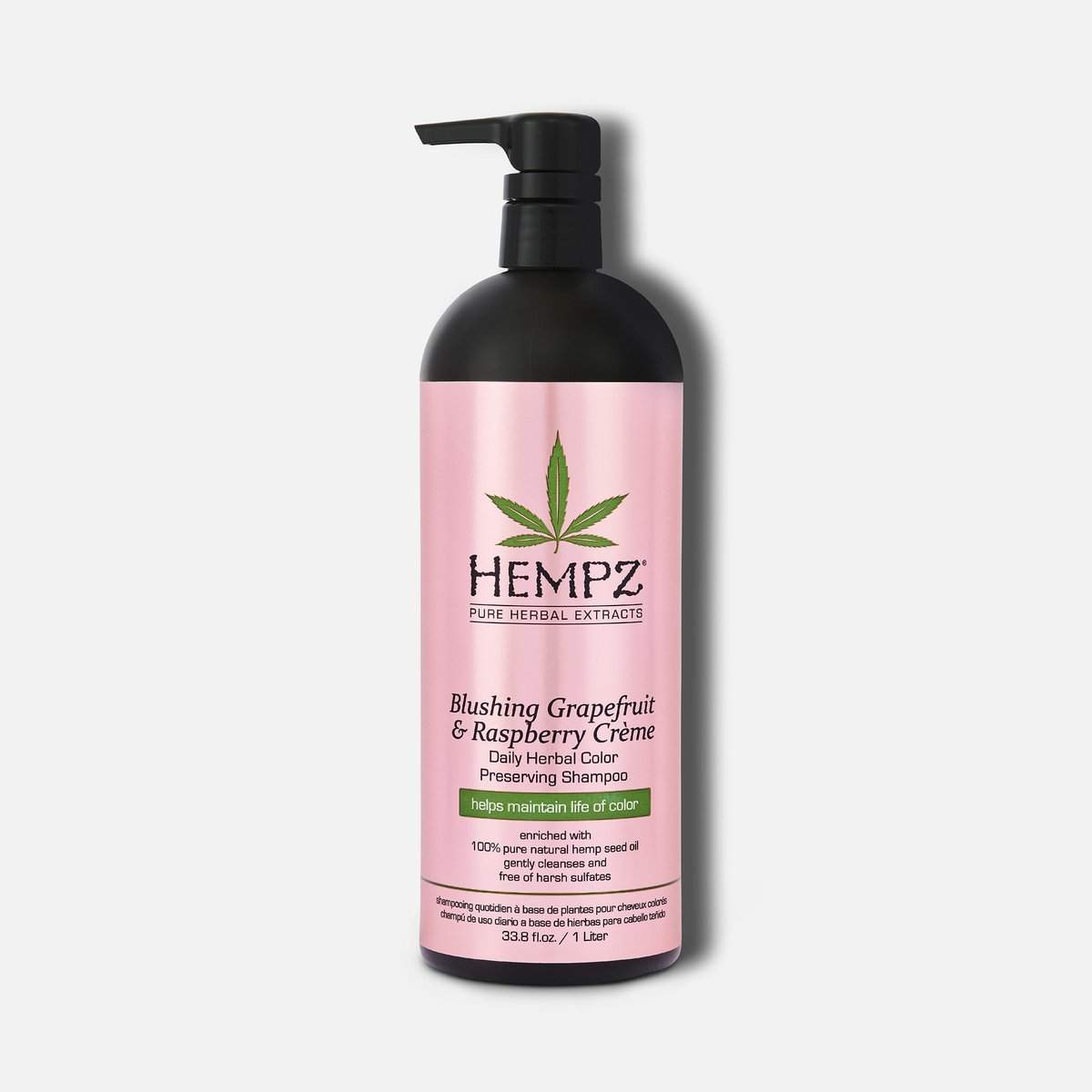 Hempz moisturizing shampoo in Blushing Grapefruit and Raspberry scent for daily hair care