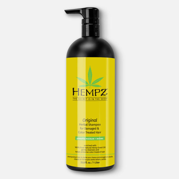 Hempz moisturizing shampoo in a 33.8 oz bottle for damaged and color treated hair