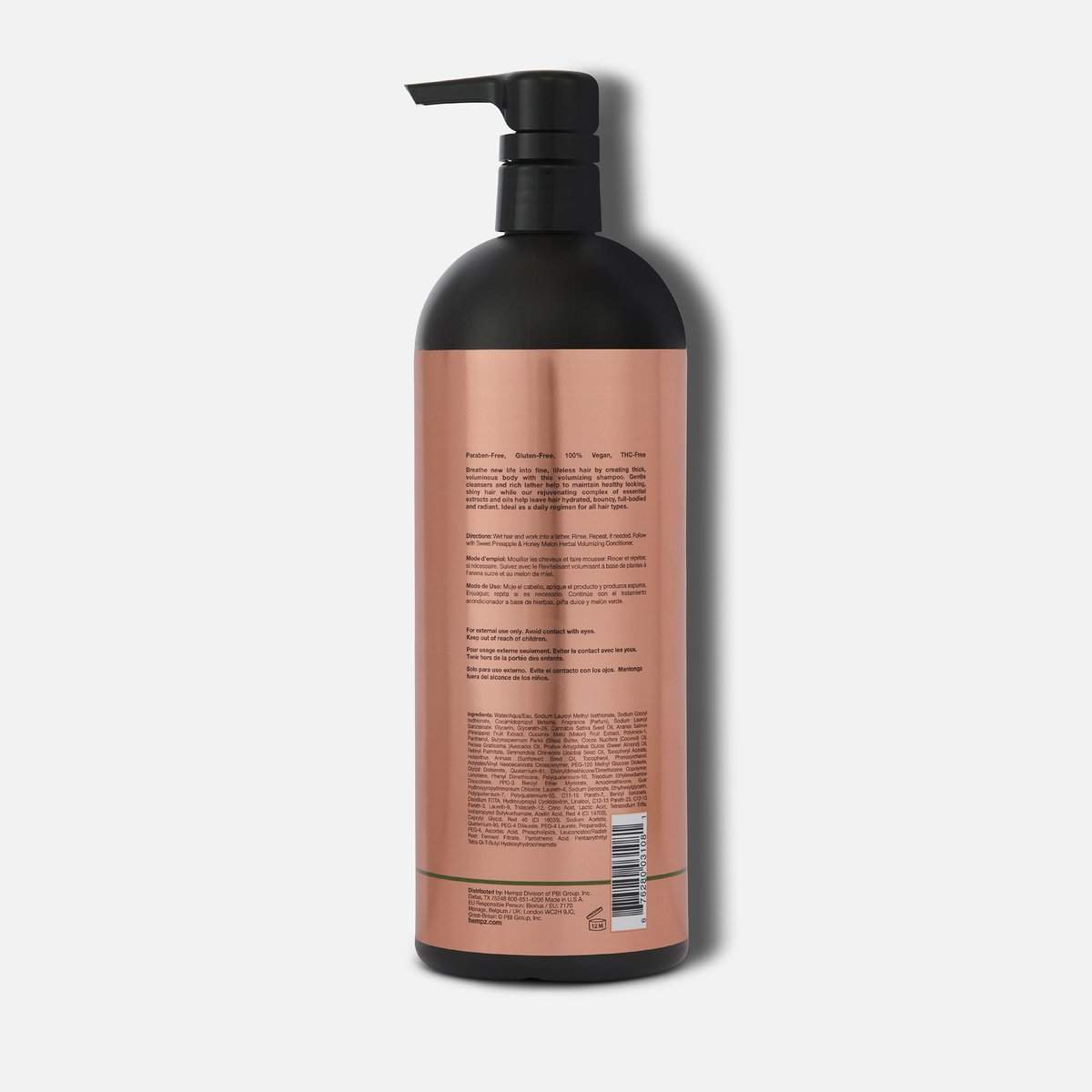 Hempz moisturizing shampoo in a sleek black bottle with pump dispenser and information on the back