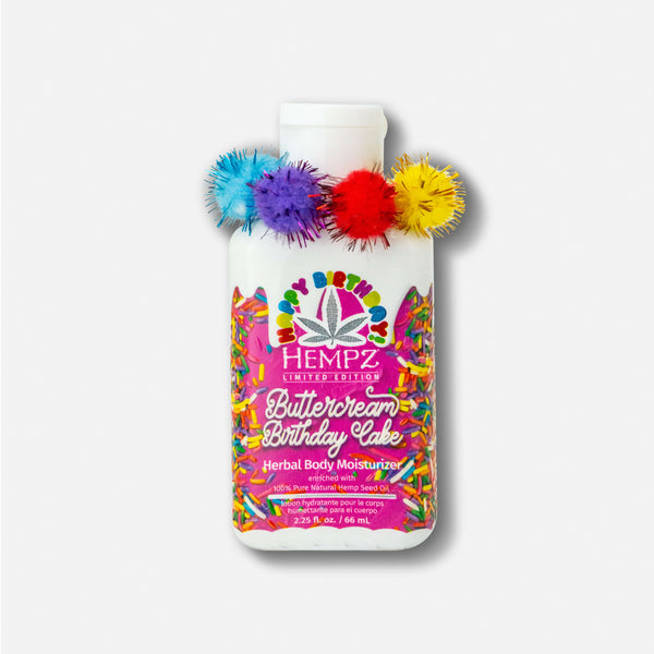 Hempz travel size moisturizer Buttercream Birthday Cake with colorful sprinkles for skin hydration