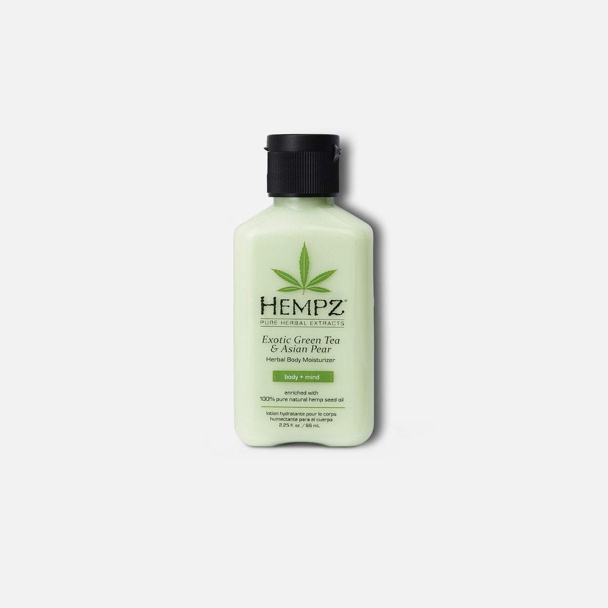 Hempz travel size moisturizer with exotic green tea and pear fragrance in a small 2.25 oz bottle