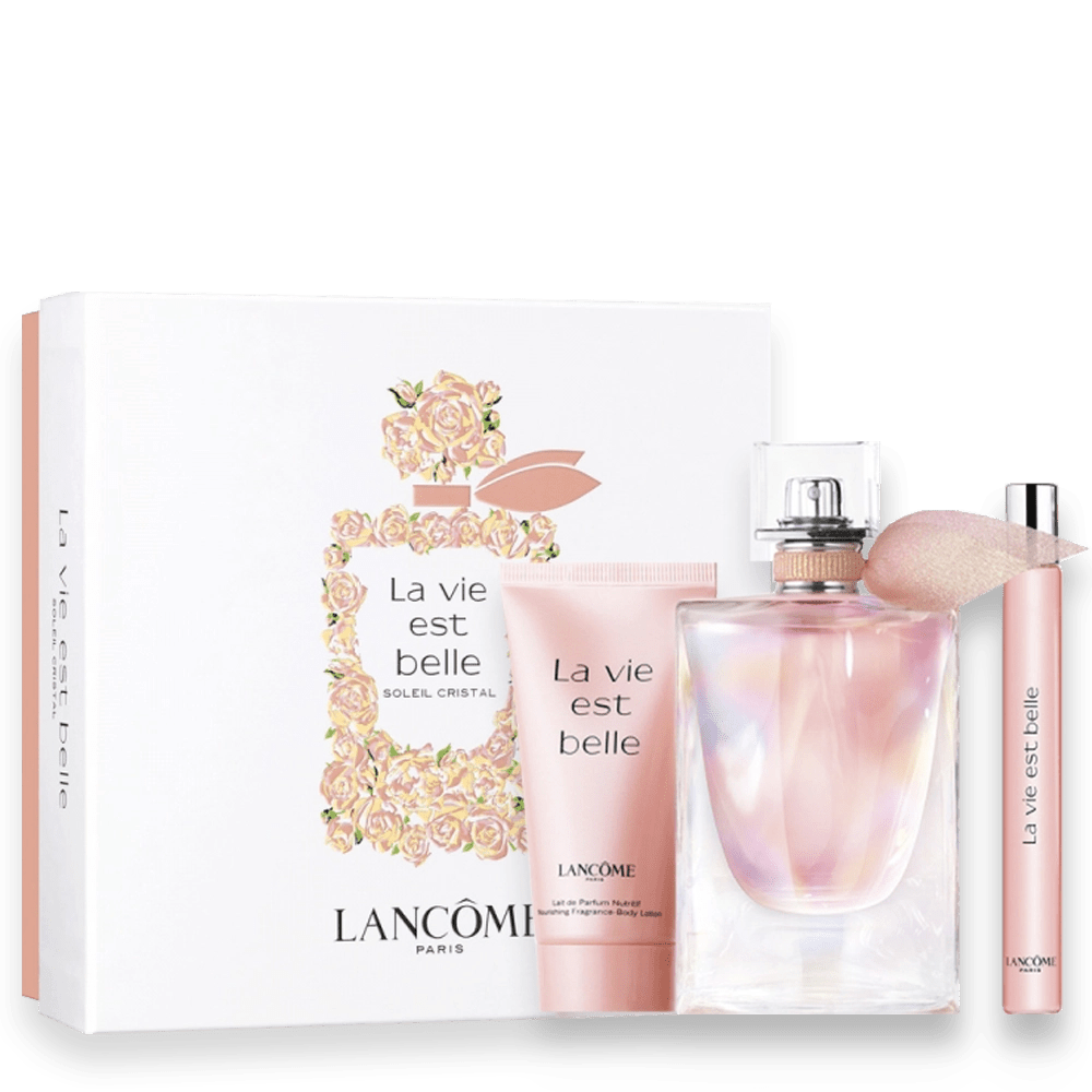 Lancome La Vie Est Belle gift set featuring a perfume, lotion, and makeup for a luxurious fragrance experience