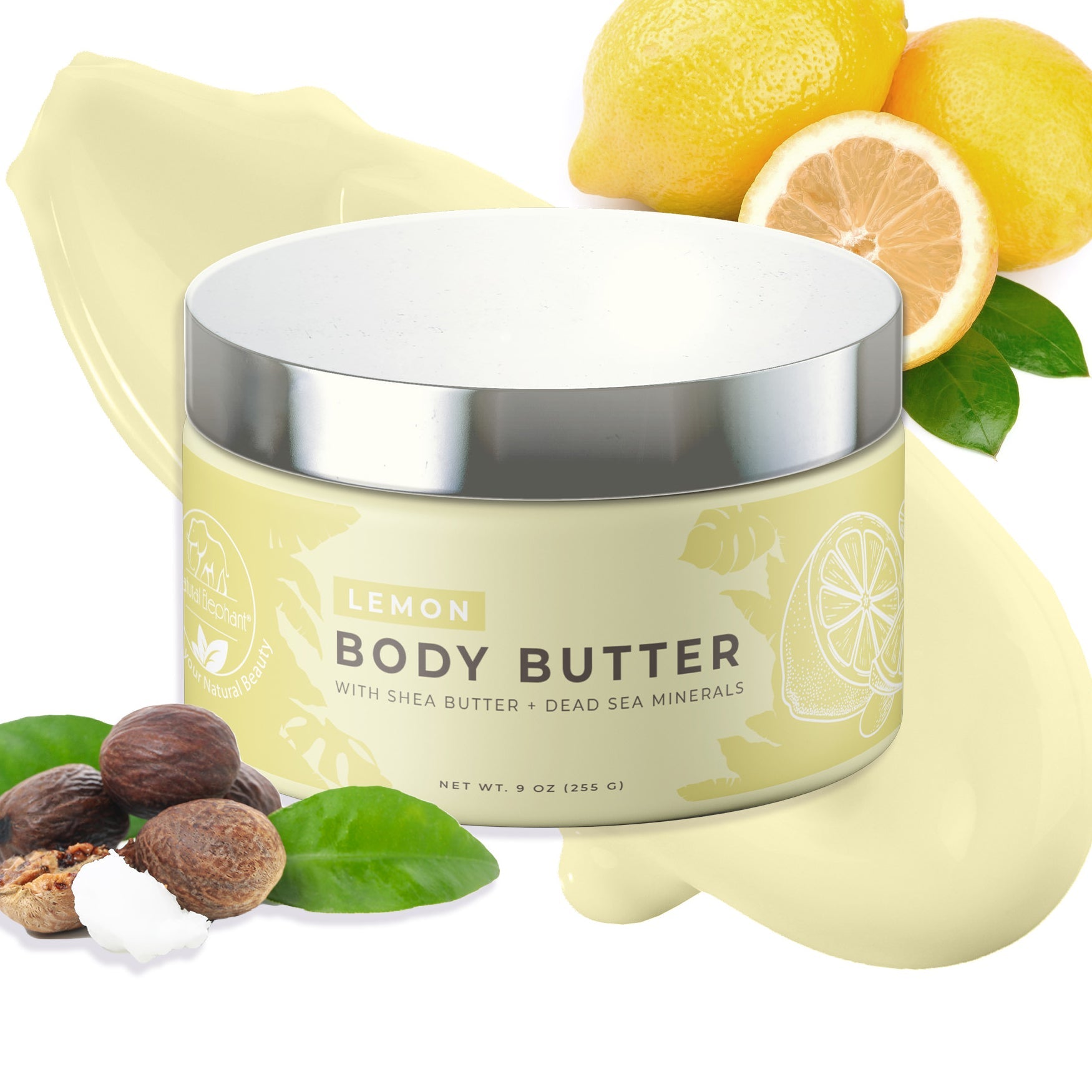 Natural Elephant Dead Sea Shea Body Butter in Lemon Scent with Fresh Lemons and Shea Nuts