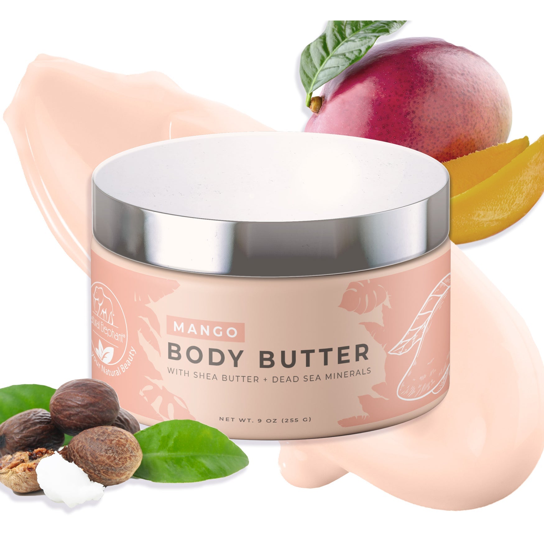 Natural Elephant Dead Sea Shea Body Butter in Mango scent with nourishing ingredients and smooth texture