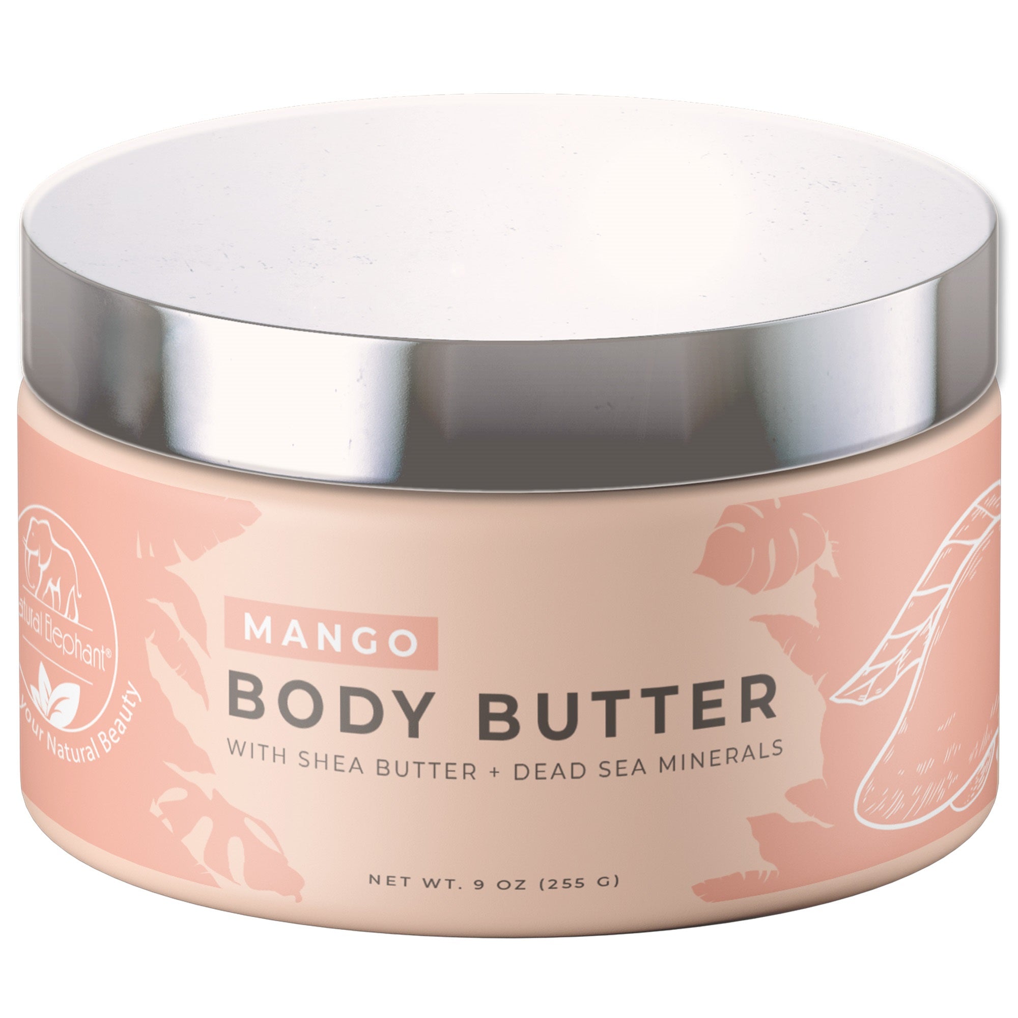 Natural Elephant Mango Body Butter jar with Shea Butter and Dead Sea Shea Body Butter for moisturizing skin