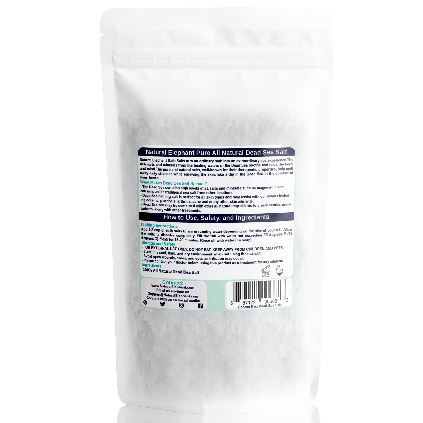 Natural Elephant Coarse Dead Sea Salt for Body in a resealable bag with usage instructions