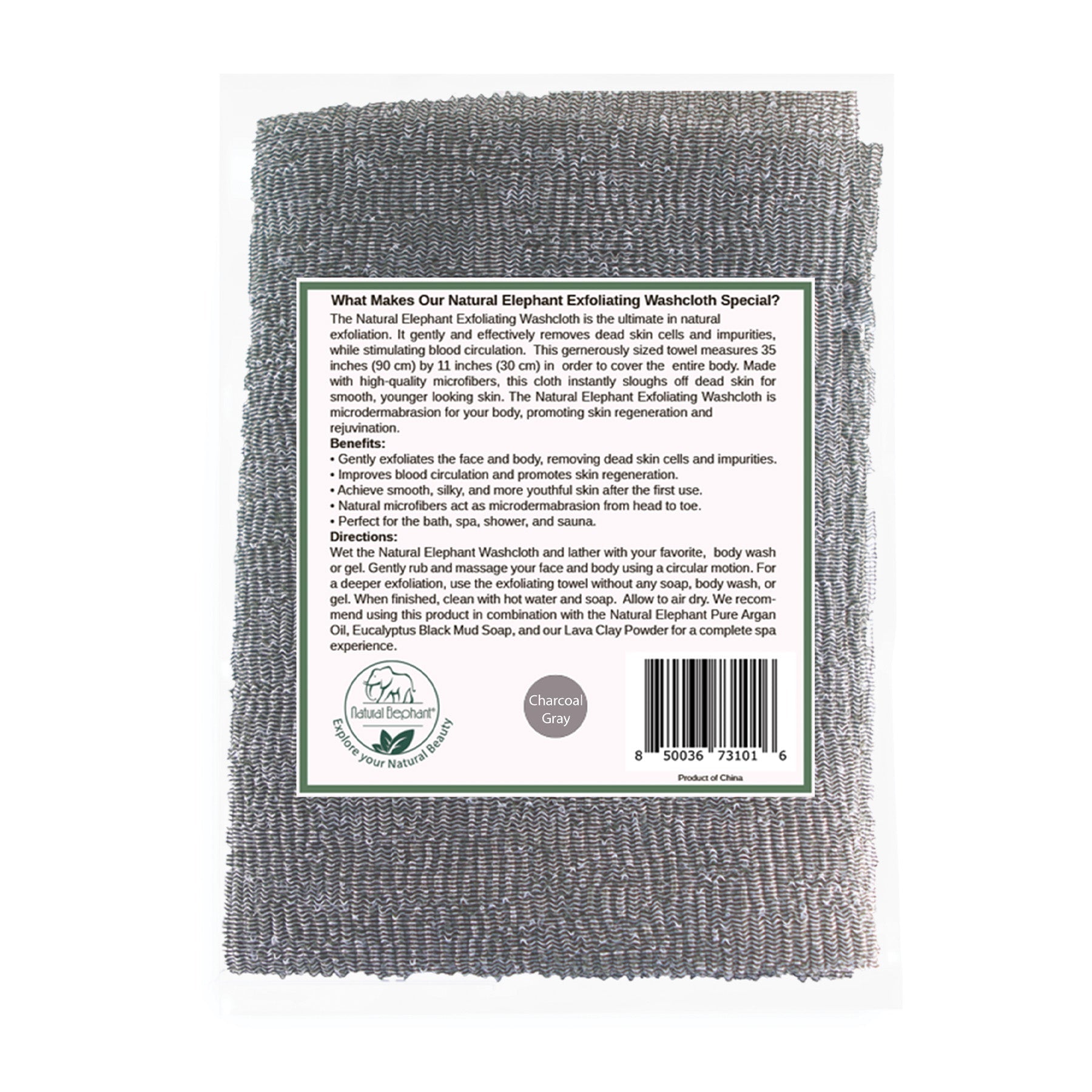 Natural Elephant gentle exfoliating shower cloth in charcoal grey for effective body care and skin rejuvenation
