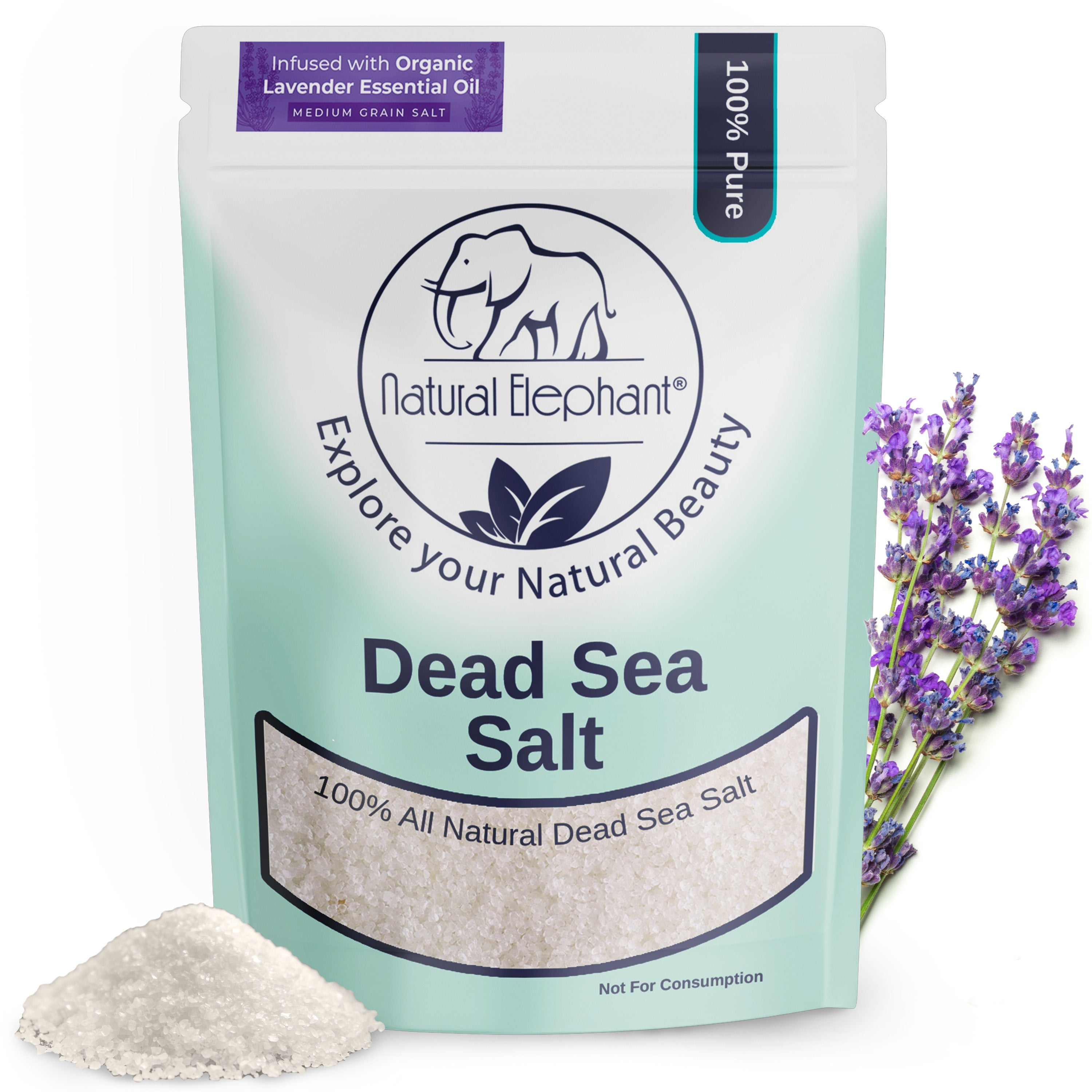 Natural Elephant Lavender Dead Sea Salt in a resealable bag with lavender flowers beside it