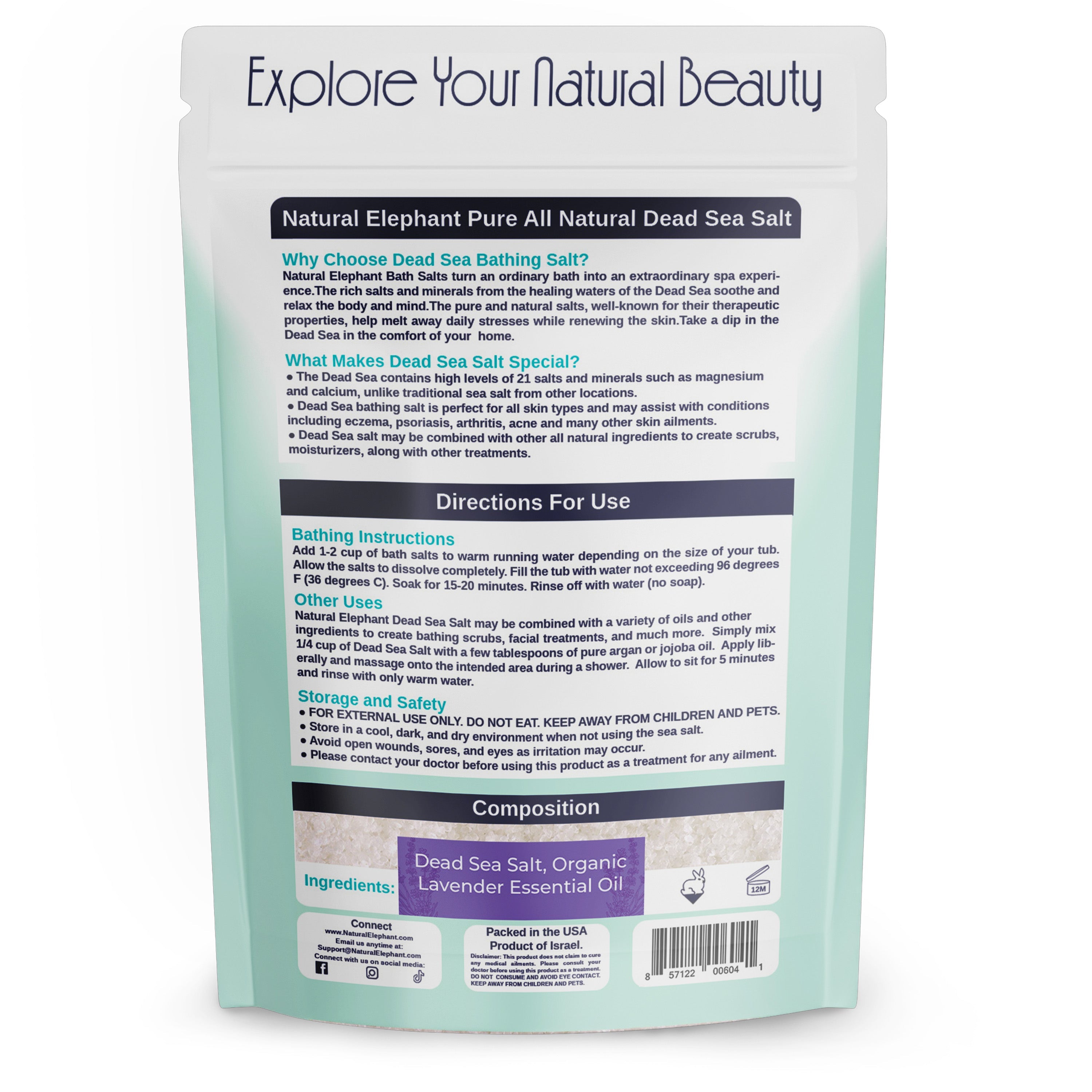 Natural Elephant Lavender Dead Sea Salt packaging highlighting natural beauty benefits and usage instructions
