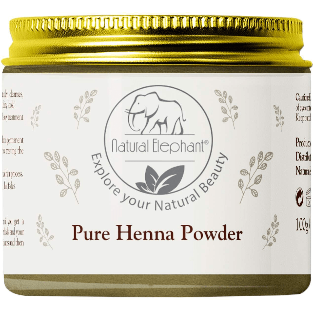 Natural Elephant Pure Henna Powder in a 100g jar for natural hair coloring and body art