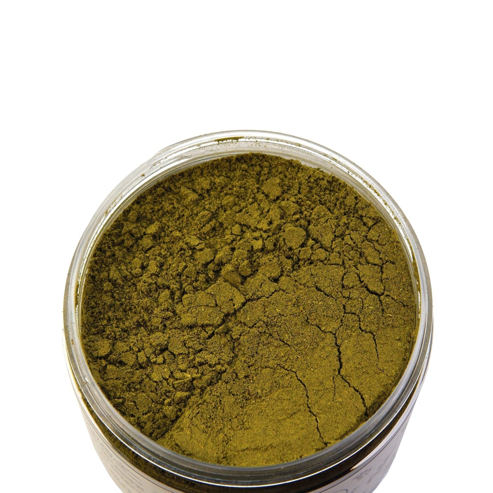 Natural Elephant natural henna powder in a clear jar with a fine, greenish texture